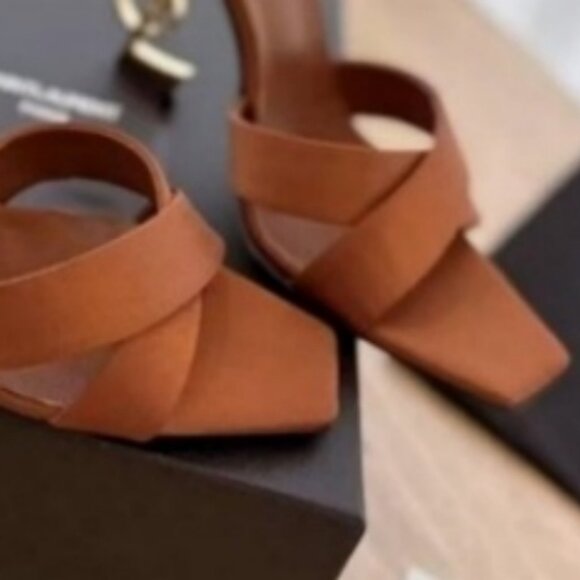 Premium Brown YSL Heeled Sandals with Logo - Picture 3 of 6